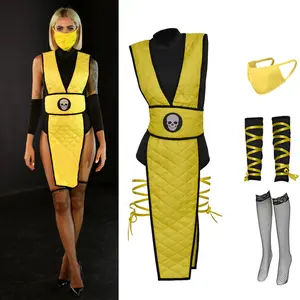 Authentic Female Mortal Kombat Scorpion Cosplay Costume for Women, Inspired by Yellow Ninja Jumpsuit, Video Game Halloween Outfit with Belt, Cosplay Jumpsuit for Fan Events and Themed Parties