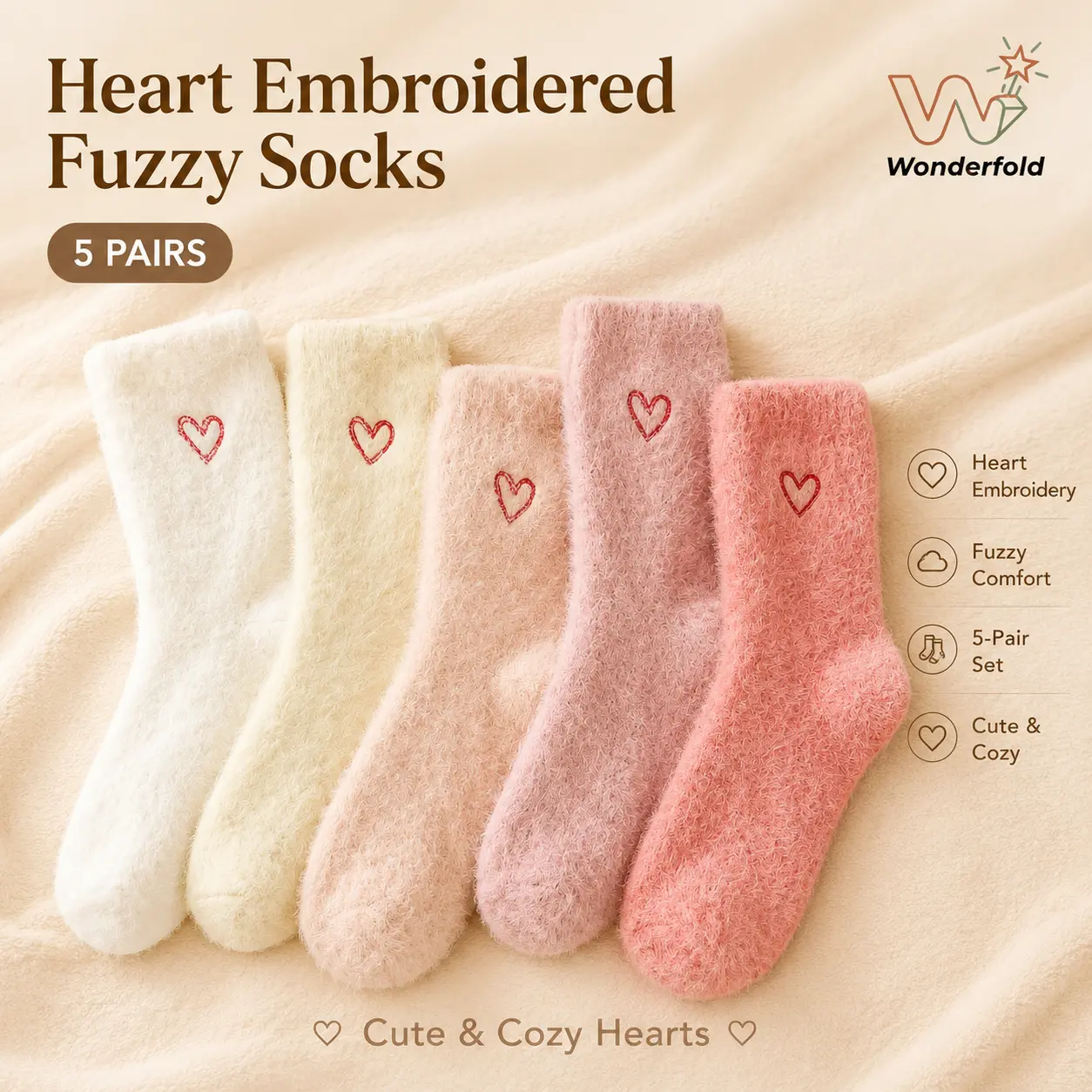 Women's 5-Pairs Fuzzy Cute Calf-High Slouch Socks - Solid, Simple Fit, Soft Warm Crew Socks for Fall & Winter Everyday Loungewear, Home Use