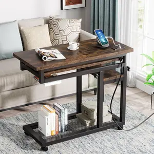 LITTLE TREE Small Portable Desk with Power Outlet, Height Adjustable Sofa Couch Bedside Laptop Table with Wheels, Mobile Standing Desk Rolling Computer Cart C Side Table with USB Ports