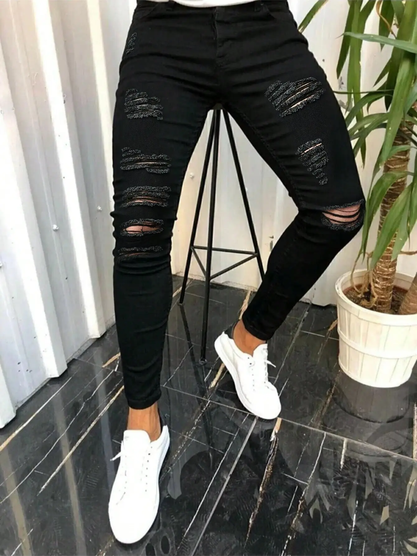 SRETOUU Men's Black Ripped Skinny Jeans Distressed Stretch Denim Pants Slim Fit Streetwear Style Men Denim Pants Classic Menswear