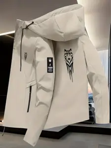 New Men's and Women's Windproof Jacket, Wolf Head Print Casual Outerwear, Hooded Long Sleeve Fitted Coat for All Seasons