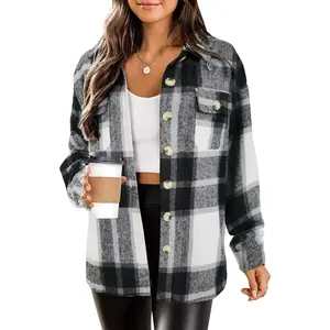 Womens Flannel Plaid Shacket Jacket Button Down Tartan Trench with Pocket Long Sleeve Cropped Fashion Coat S-XXL