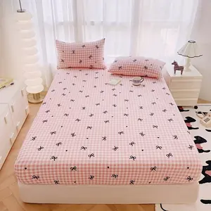 SoftHaven Home Made in USA 3PCS New Bow & Plaid Print Fitted Sheet Set, Lightweight Soft Skin-Friendly Polyester Bedding, All-Season Deep Pocket Design for Hotel, Bedroom & Guest Room, Machine Washable & Reusable (1 Fitted Sheet + 2 Pillowcases, No Insert