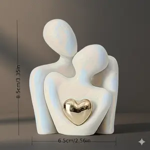 Abstract Hugging Couple Statue Resin with Golden Heart - Iridescent Romantic Lovers Figurine, Valentine's Day Anniversary Gift Home Decor