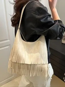 Women's Elegant Fringe Decorated Shoulder Bag, Fringe Hobo Bag, Trendy Minimalist Large Capacity Crossbody Bag, Chic All-match Crossbody Bag for Daily & Work Use