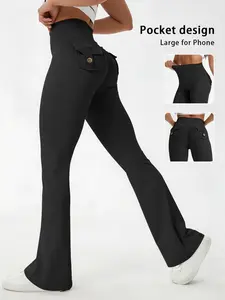 Women's Outdoor Flare Pants with Pockets, Tight-Fitting Sports Pants, flare leggings, Butt Lifting Effect, Perfect for Yoga, Chocolate Spring New Arrival