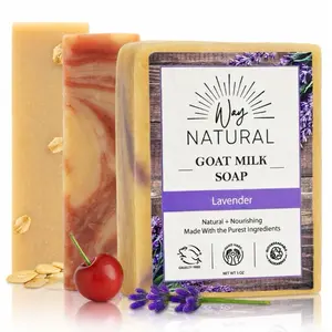 3 Large Bars Cherry Almond Honey Oatmeal Lavender Goat Milk Soap Bars | Way Natural | 5 oz Bars | 100% REAL RAW GOAT MILK | Moisturizing Hand & Body Natural Soap | Nourishing and Long Lasting | Made in USA