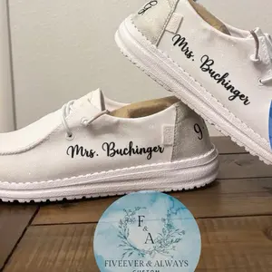 Custom Wedding Shoes White Glitter Fabric Material with Personalized Font Perfect Gift for Any Bride to Be
