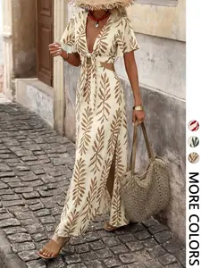 Women's Fashion Casual Elegant Romantic Cutout Print Dress, Casual Wear, Summer Bohemian Style Vacation Dress, Slim-Fitting Floral Pattern, Boho
