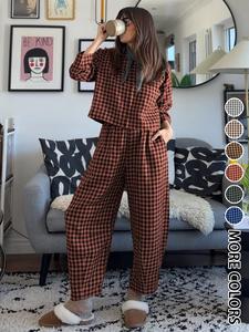 women's fall casual plaid print set, loose fit long sleeve top & elastic waist wide leg pants two-piece for home wear