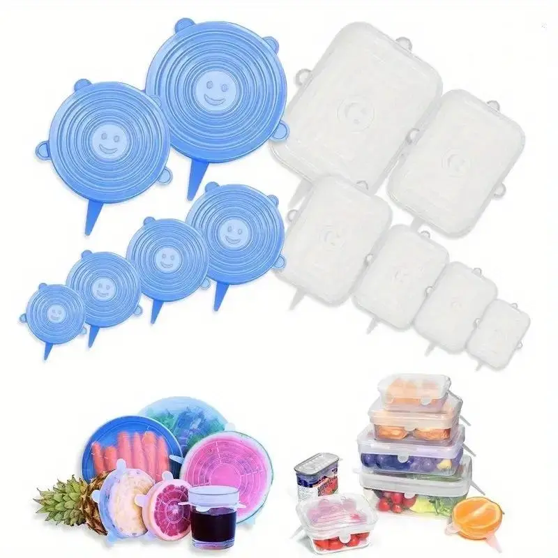 Silicone Food Covers Set with Smiley Faces - Reusable & Durable - Perfect for Containers & Jars - Blue & White Options - Ideal for Food Storage & Organization