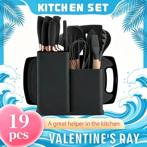 19 Piece Silicone Kitchen Utensils Set with Wooden Handle & Knives - Heat-Resistant, Non-Stick Cooking Tools & Storage Bucket - Perfect Kitchen Gadgets for Easy Cooking and Cleaning Cookware Barrel Stainless Steel kitchen