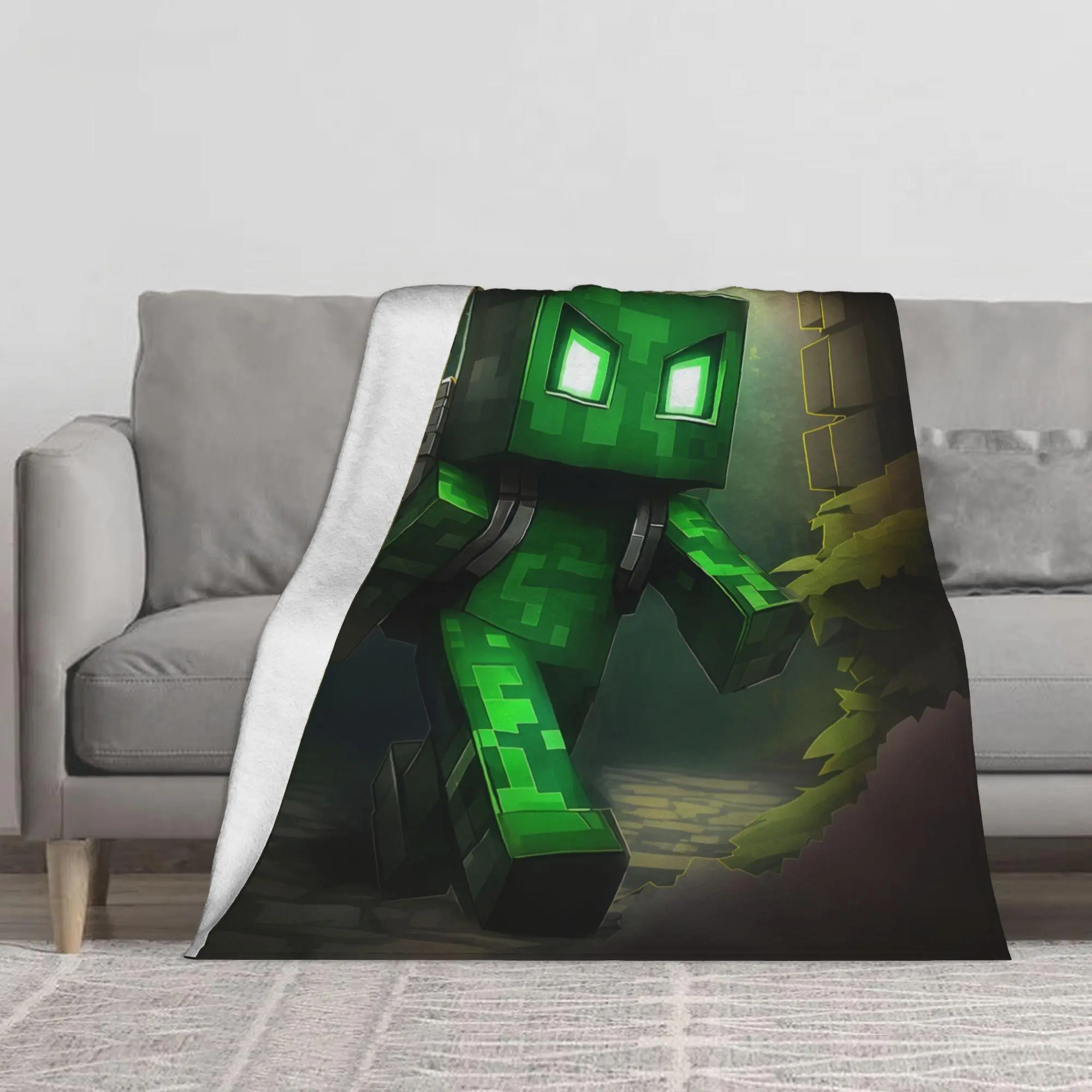 Mycraft Creeper Explorer Flannel Fleece Blanket, Multi‑Size Cozy Soft Plush Throw, Pixel Green Creeper Cave Adventure Scene Printed Blanket for Couch Bed, Great Gift for Boys Kids Gamers
