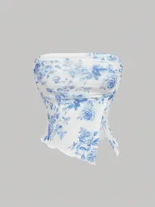 SHEIN MOD Floral Bandeau Top for Women – Off Shoulder Summer Crop Top, Rave Outfit, Partywear, Festival & Going Out Look