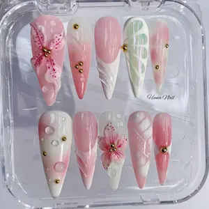 Luxury Pink & White 3D Flower Press On Nails | Stiletto Long Coffin | Custom Handmade Wedding/Bridal Nail Art