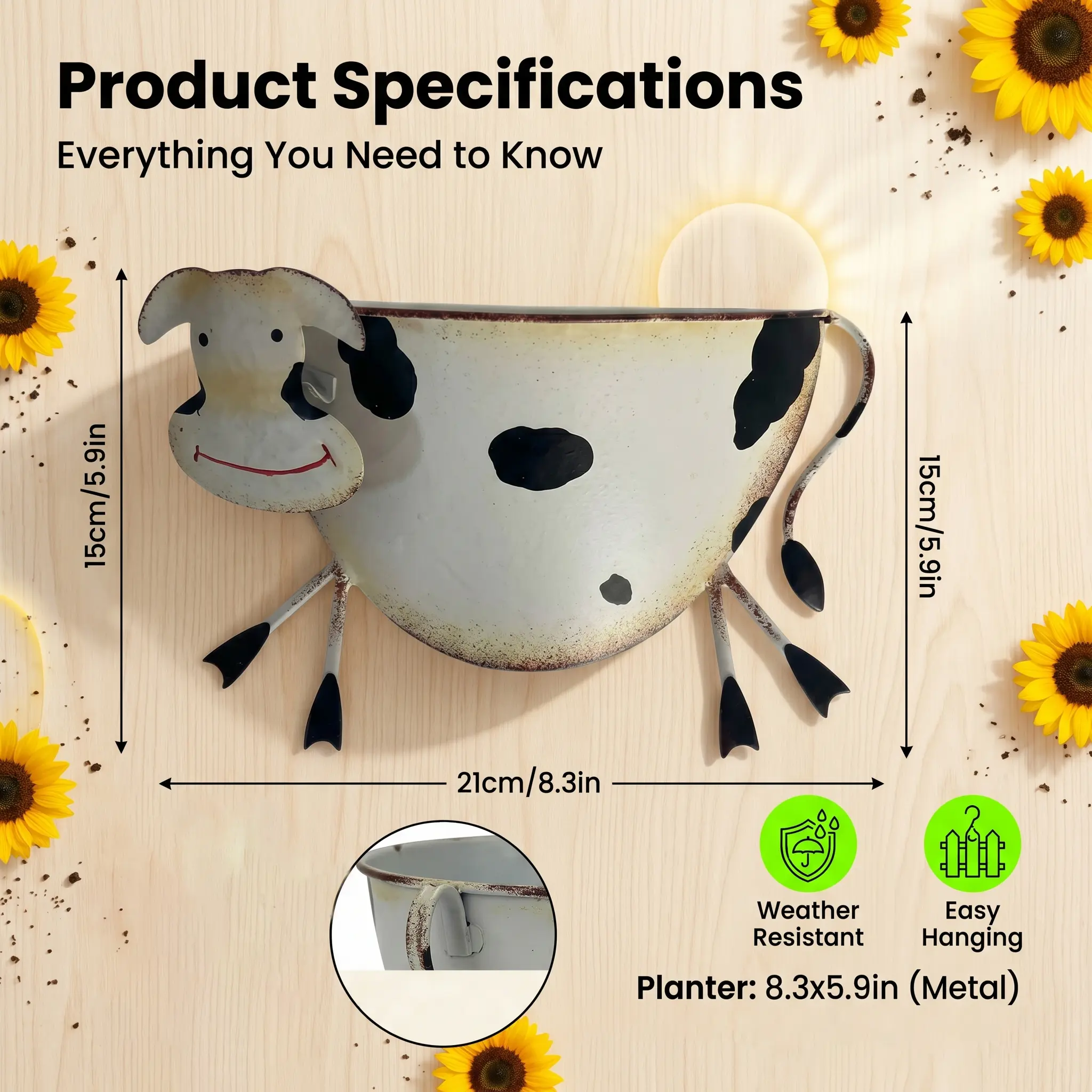 Rustic Spotted Cow Wall Mount Planter, Farmhouse Cute Cartoon Cow Metal Hanging Flower Pot for Garden Fence Balcony Decor