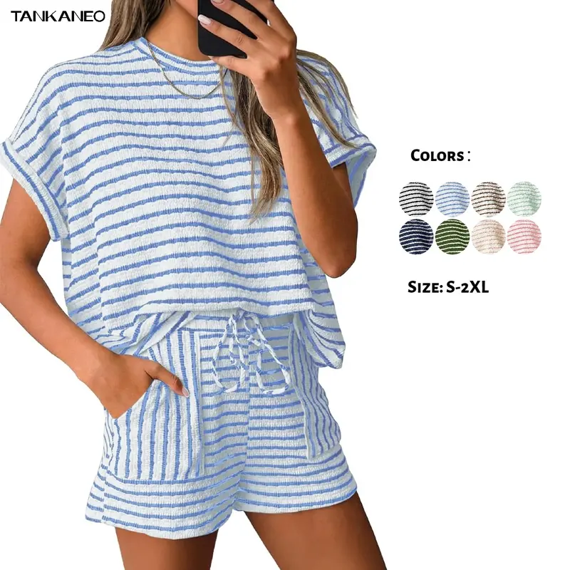 Tankaneo Womens Striped Summer 2 Piece Short Sets Short Sleeve T Shirts Drawstring Shorts Casual Outfits Lounge Pajama Sets