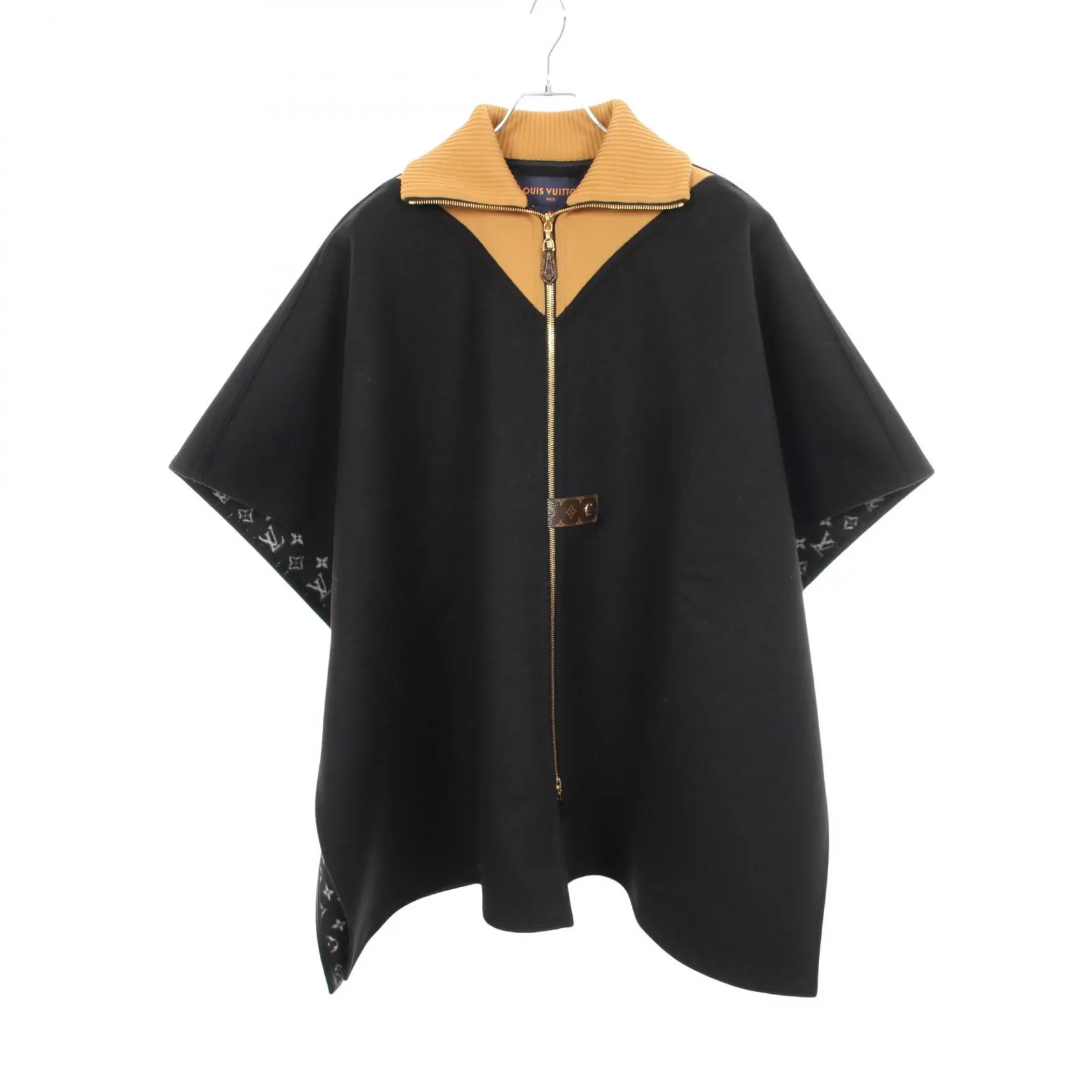 Pre-owned Louis Vuitton Wool Small Leather Goods Sporty Highneck Double Face Cape Monogram Silk Poncho