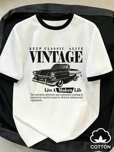 American Vintage Classic Car Print Contrast Edge Pure Cotton Short Sleeve, Men's Summer Streetwear Essential, Stylish and Comfortable
