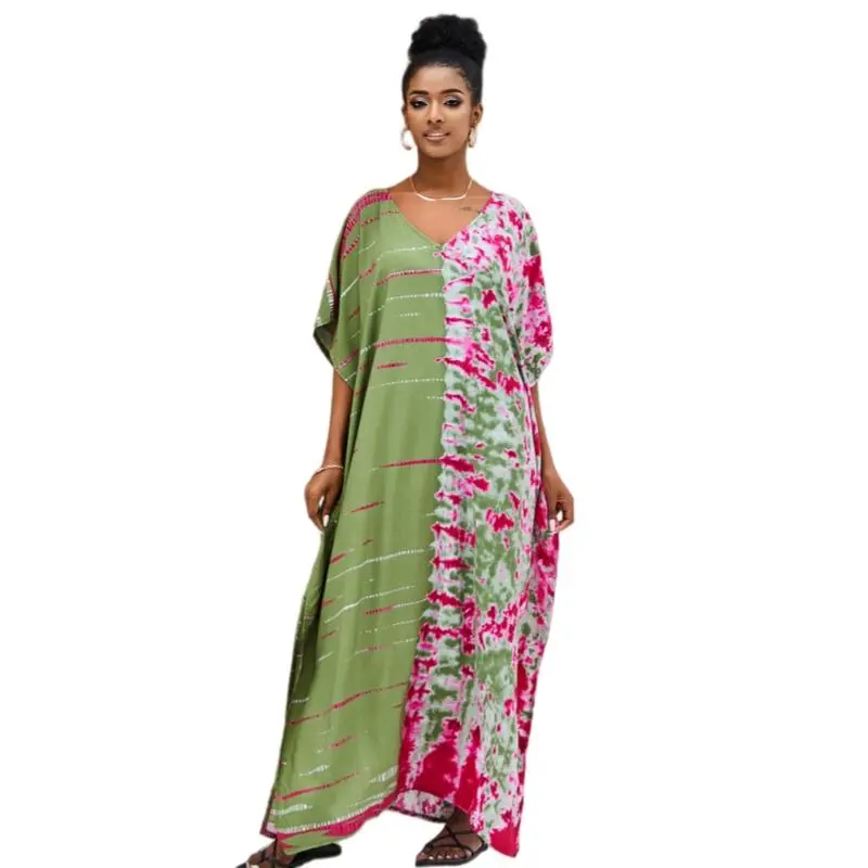 Women's Plus Size Kaftan Dress, Ethnic Print Viscose Maxi Caftan, Curvy Boho Beach Swimsuit Cover-Up, Fabric, Plussize, Sun Protection, Curvy Plus Clothes Women, Plus Size Clothes
