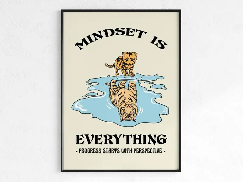 Mindset Is Everything Motivation Poster, Cat Tiger Print Home Office, Mental Health Print, Quote Poster, Psychology Poster