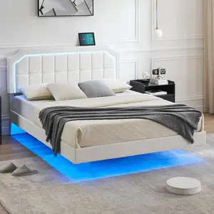 Queen Size Floating Bed Frame with LED Lights, Heavy Duty Metal Platform, 12in Underbed Storage, No Box Spring Required, Easy-to-Assemble, White