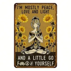 Vintage Boho Tin Sign – "I’m Mostly Peace, Love, And Light" Inspirational Metal Wall Art with Sunflowers & Meditation Symbols – Retro Decor for Home, Office, Bedroom, Living Room, Cafes – 8x12 Inch| Peace Symbol Decor| Metal Tin Sign| Boho Wall Art