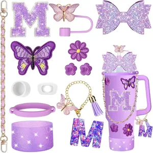 14 count Purple Cup Accessories for  Cup 30oz 40oz tumbler with handle - Includes Strap,Straw Bow Decorate,Straw Cover,Boot,Spill Proof Stoppers,Handle Charms,Letter Sticker(Initials M)