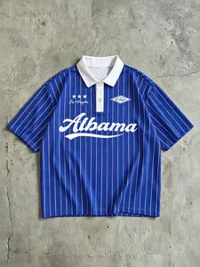 Men's Short Sleeve Striped Polo Shirt, Vertical Stripes, Alabama Script Print, Y2K Retro Street Style, Quick-Dry Mesh Fabric