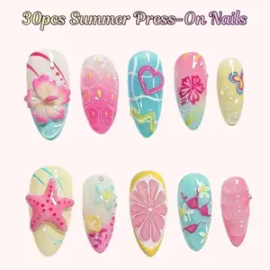 30pcs Summer Press-On Nails – Medium Almond False Nails with 3D Flower & Starfish Designs, Pearl Glue-On Full Cover Acrylic Stick-On Nails for Women Beach Party