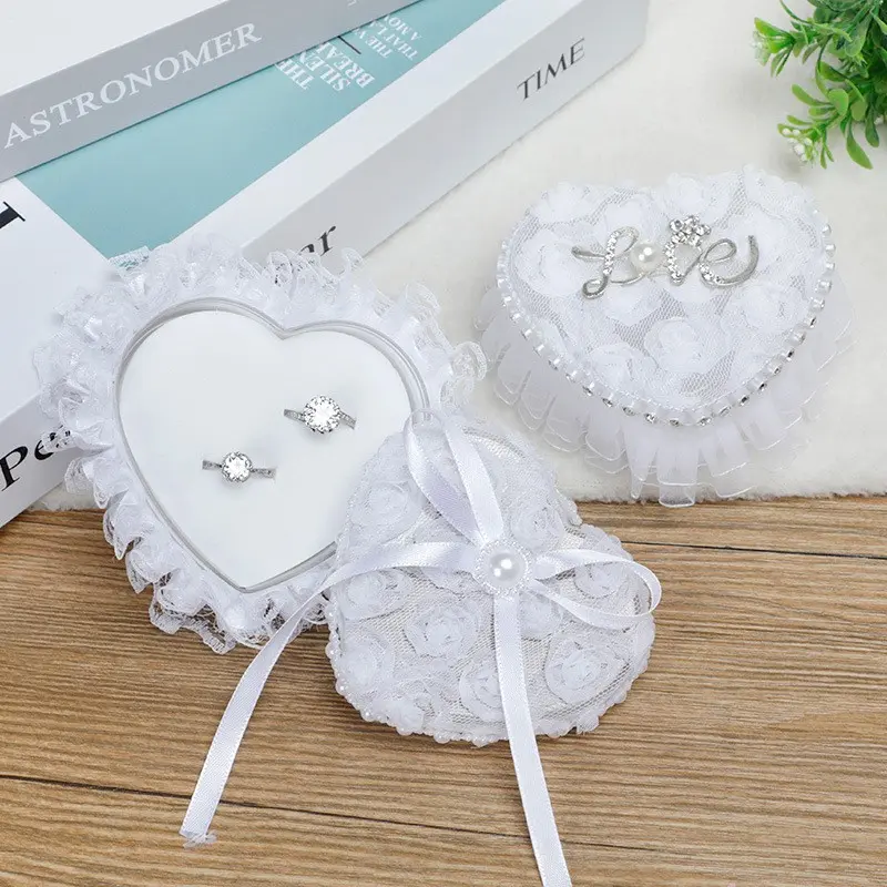 Heart-Shaped Wedding Ring Pillow, Lace Ribbon Bow Pearl Decorative Ring Pad, Jewelry Storage Box for Wedding Ceremony