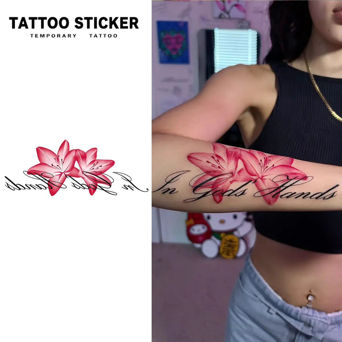 2 PCS Waterproof Sweat Resistant Red Watercolor Lily In God's Hands Script Temporary Tattoo Stickers Christian Faith Floral Word Band Dainty Feminine Forearm Semi Permanent Body Art Decals For Women