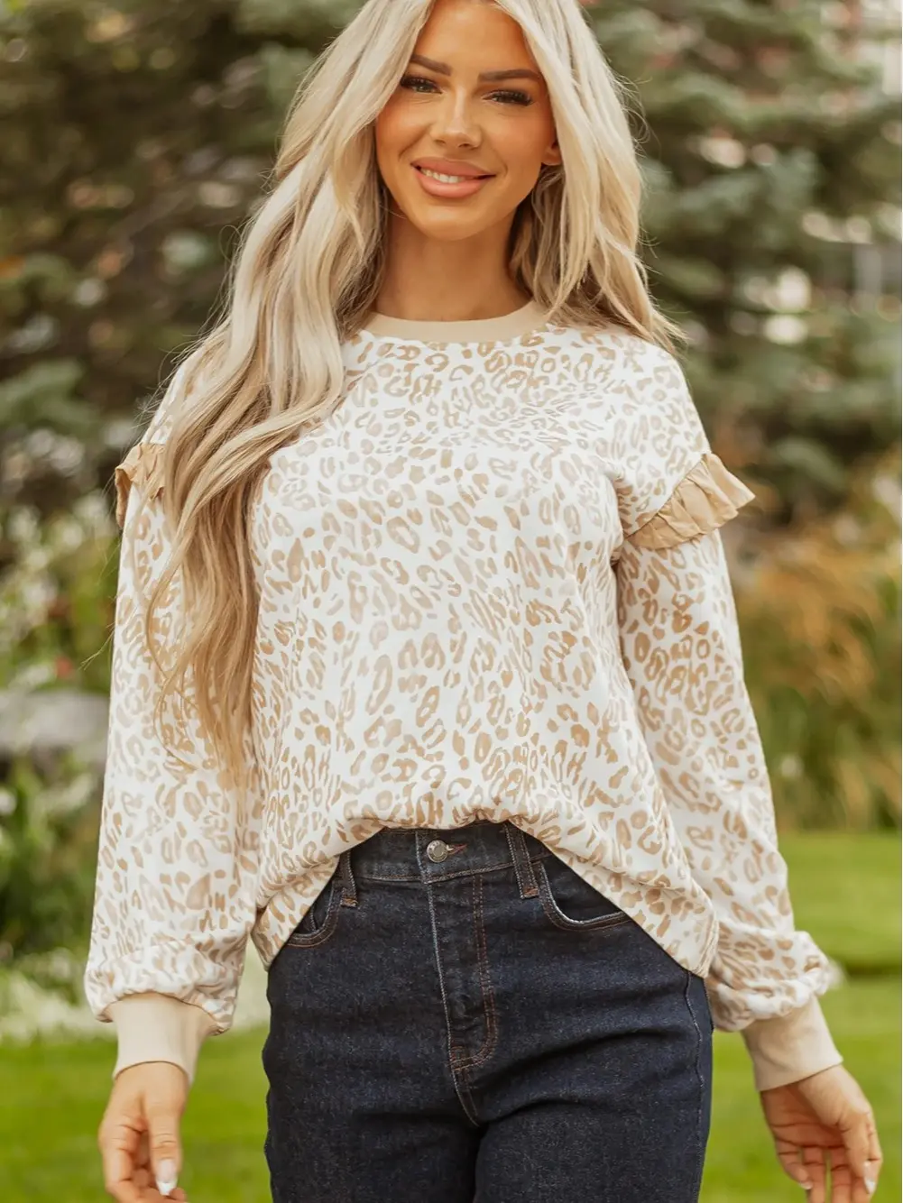 Women's Leopard Print Ruffle Crew Neck Sweatshirt, Long Sleeve Ribbed Trim Relaxed Fit Casual Pullover