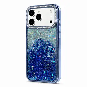 Blue Silver Gradient Sparkling Phone Case Inlaid Shiny Rhinestone Camera Frame, Soft Silicone Anti Drop Phone Cover, Elegant Fashion Stylish Phone Shell Suitable For iPhone 15 16 17 All Series, Sweet Pretty Birthday Valentine Holiday Gift For Ladies Girls