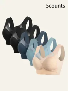 Women's Solid Color Contrast Mesh Wireless Bra, Comfortable Sports Bras, Medium Support, Tight-Fitting, All-Season Lingerie, Gym Sports Bra, Breathable Sports Bra