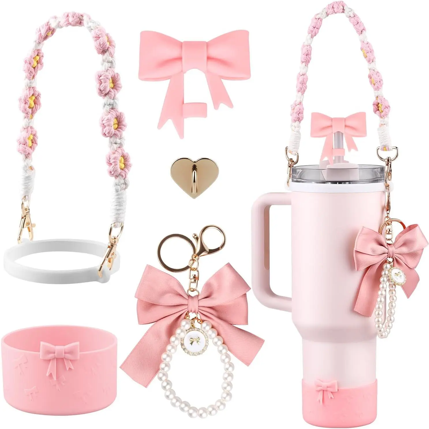 Cup Accessories Set,Bow Straw Cover, Water Bottle Handle Strap, Siliocne Cup Boot,  Charms, Straw Topper for 40oz & 30oz  Tumbler for Women (Pink)
