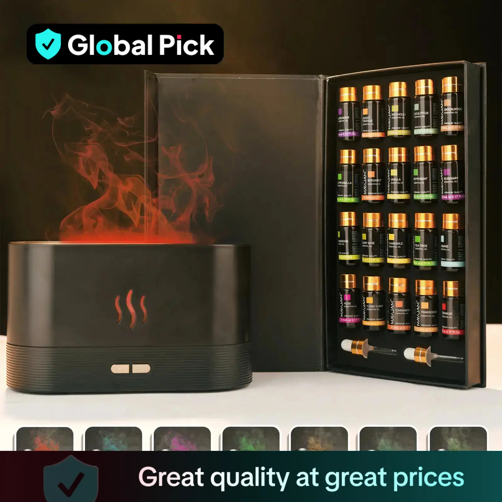 Colorful Flame Air Aroma Diffuser Humidifier with Essential Oils, with Long-lasting Scents, Aromatherapy Diffusers, Humidifier Set, 7 Flame Colors Noi