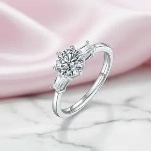 1Ct D Color Round Diamond Option W/ Tapered Baguette Engagement Ring