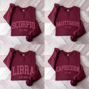 (Leave A Note or DM to Shop) (Ver 2) Custom Zodiac Sweatshirt – Maroon Color, Custom Year-Est Your Year Astrology Pullover, Cute Horoscope Energy Gift, Unisex Crewneck Sweatshirt, Birthday Zodiac Sign Outfit - AG