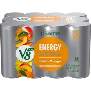 V8 +Energy Peach Mango Juice Energy Drink, 8 fl oz Can Pack of 12 (8 Fl Oz)