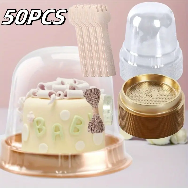 50 Sets Disposable Individual Charcuterie Cup Clear Plastic Round Cake Boxes with Dome Lids Mini Wooden Spork Rope for Outdoor Snack Packing Open Houses Gatherings Wedding Party Event