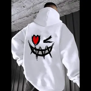 Men's Cartoon Smile Face Print Drop Shoulder Hoodie, Regular Fit Casual Drawstring Pocket Hooded Sweatshirt for Daily Holiday Outdoor Wear, Men Clothes for Fall & Winter