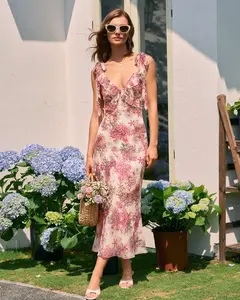 Rihoas Women's Sleeveless Waisted Polyester Fabric Casual Midi Slip Dress - Pink Floral, Ruffle Tie-Strap, Beach-Ready Women's Clothes