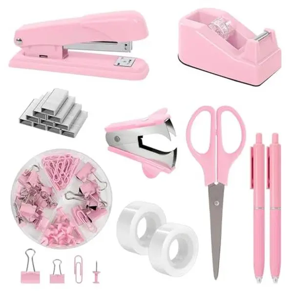 SKYDUE Pink Stapler and Tape Dispenser Set, Pink Office Desk Accessories | Pink Office Supplies, Stapler, Tape Dispenser, Scissors, Clips and 1000pcs Staples,Office Supplies for Desk for Women