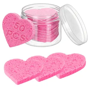50-Pack Heart Compressed Facial Sponges, Facial Cleansing Pads, Natural Wood Pulp for Exfoliating & Makeup Removal, include Travel Storage Container