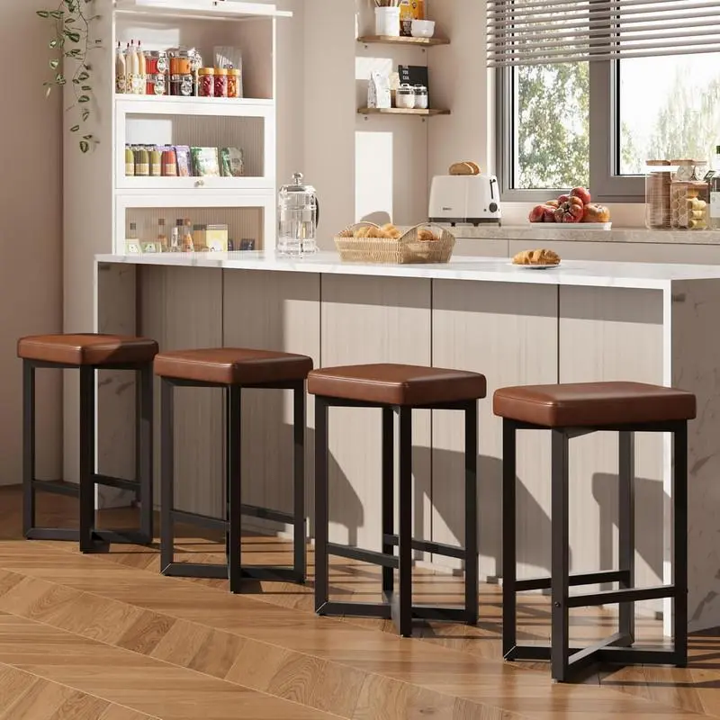 Steel Bar Stools 4-Piece Set, 24.6" Counter Height Backless Stools with Upholstered PU Leather Seats, Metal X-Frame, Footrest, Modern for Home Bar, Dining Room, Brown