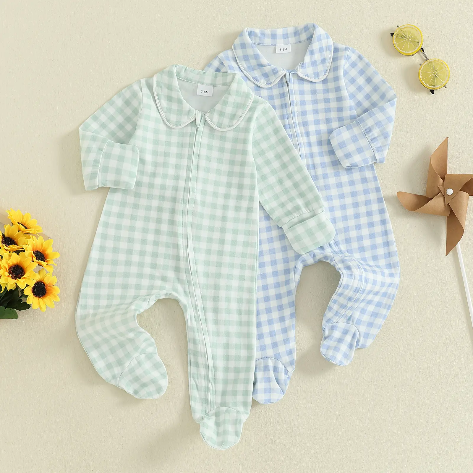 Newborn Baby Boy Fall Winter Romper Plaid Print Doll Collar Long Sleeve Zip Up Footed Jumpsuit 0-6 Months