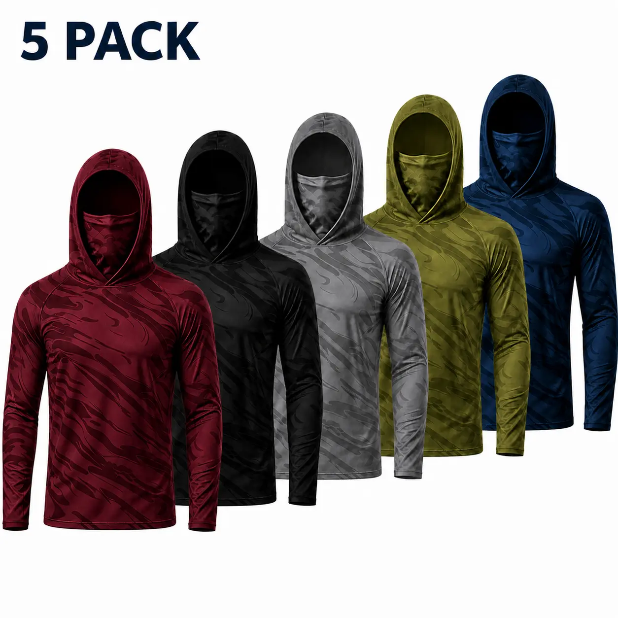 Men's Fitted 5-Pack Plain All-Seasons Hoodie Sweatshirts - Burgundy, Black, Gray, Olive Green, Navy Blue, Long Sleeve Polyester Workwear Pullovers with Attached Mask for Outdoor Landscaping