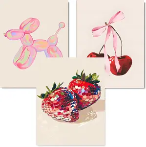 5D Full Drill Diamond Painting Kit Set of 3 Coquette Art, Disco Strawberry & Balloon Dog DIY Home Wall Decor Craft