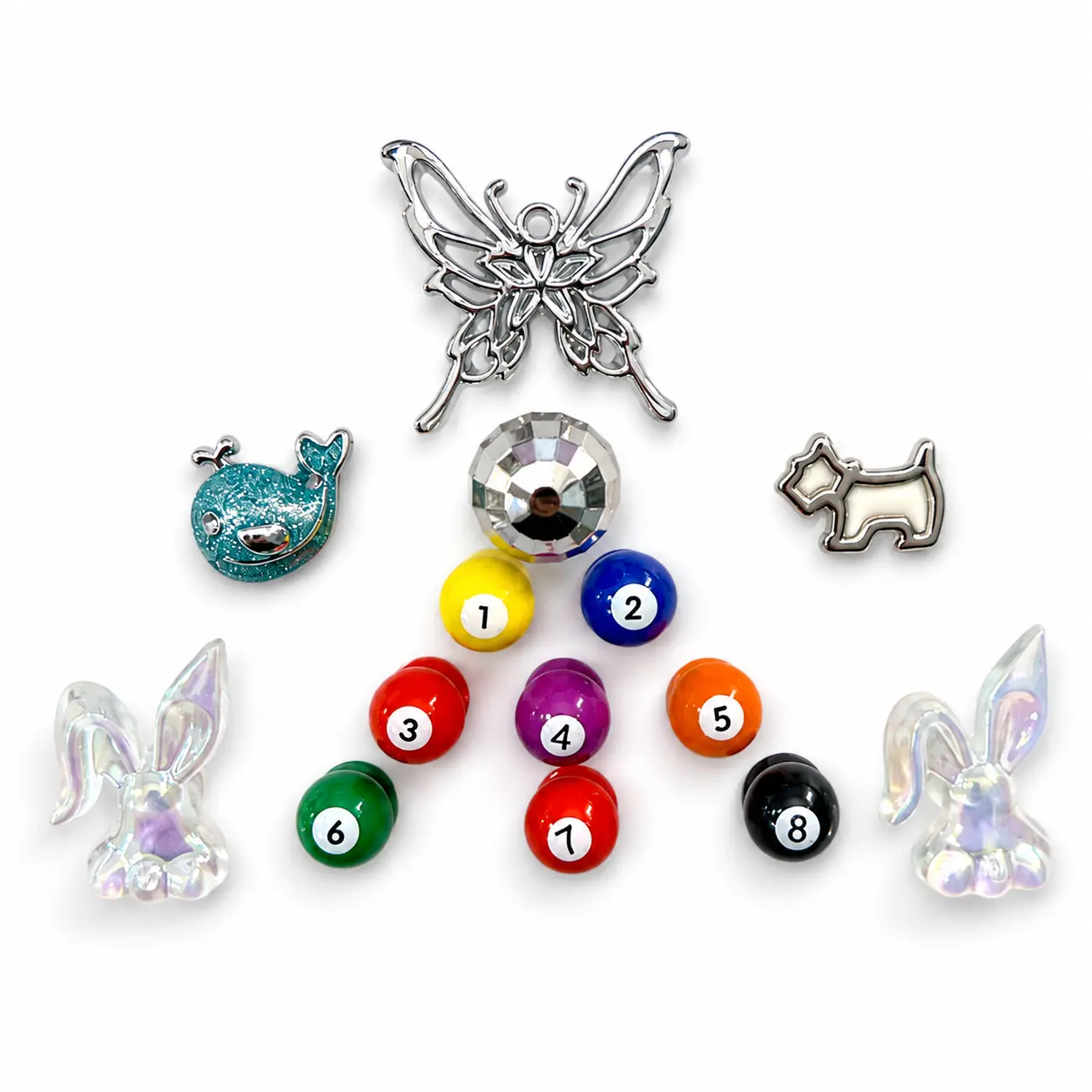 14PCS Halloween Y2K Shoe Charms Set for Clogs and Sandals, Billiard Ball Butterfly Bunny Whale Dog Disco Ball Decorations, Cute Spooky DIY Shoe Accessories for Women Teens Costume Party Gifts